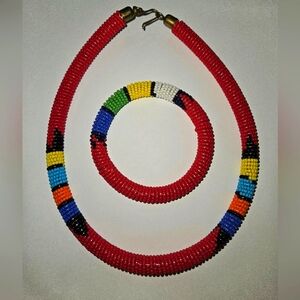 African handcrafted beaded red necklace and bangle